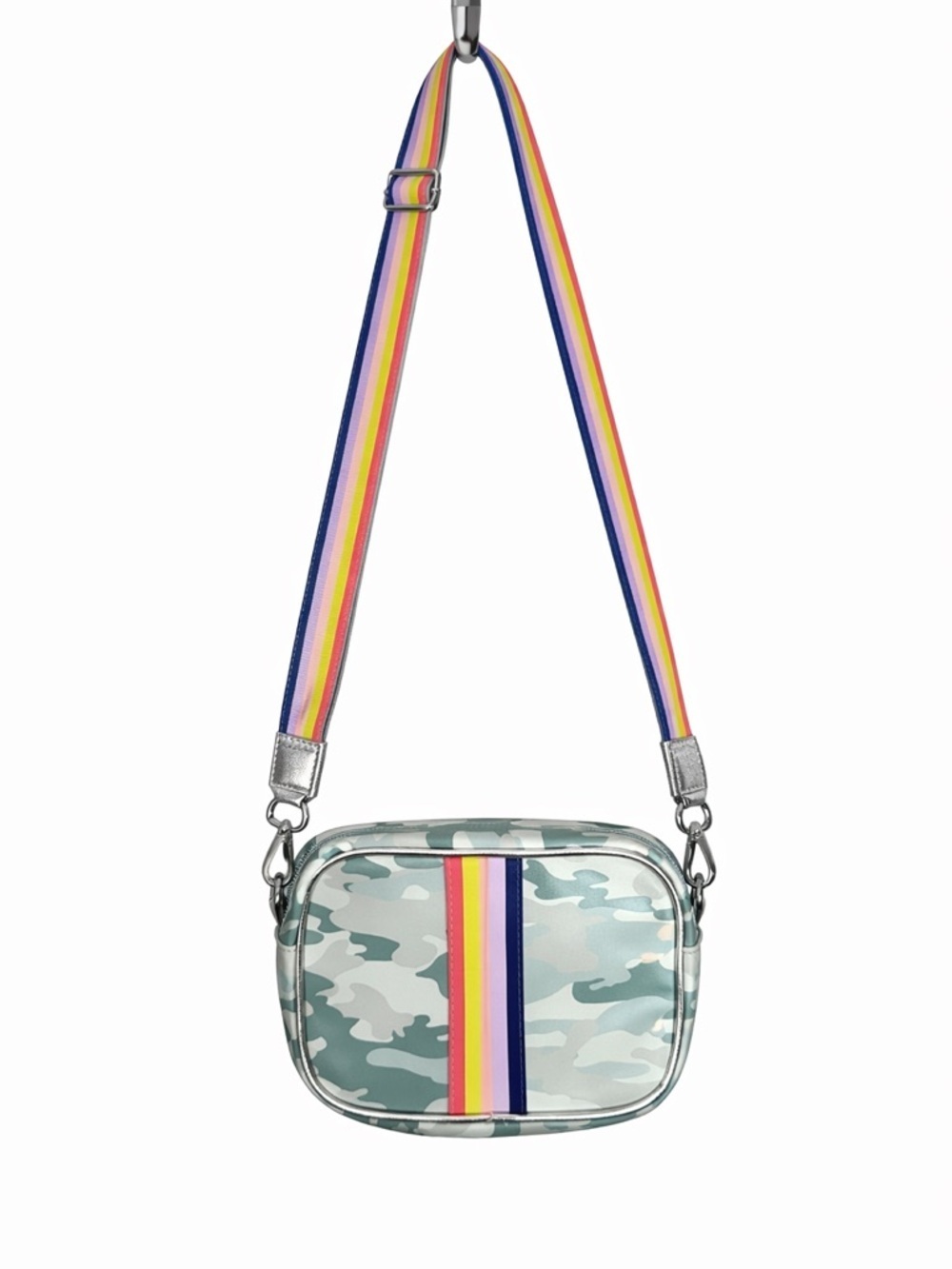Green Camo Crossbody Bag with Rainbow Strap and silver strap
